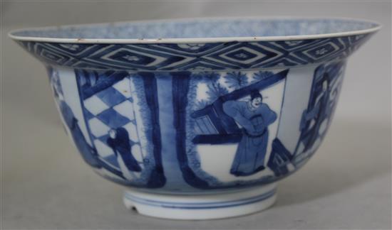 A Chinese blue and white flared bowl, Kangxi six character mark and of the period, 20cm diam., cracked